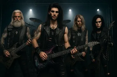 Four-piece dark metal band posed under stage lights