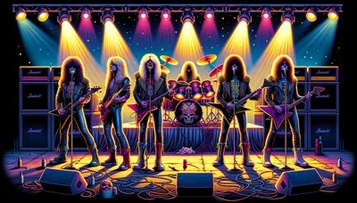 Glam rock band drawn in neon on an arena stage