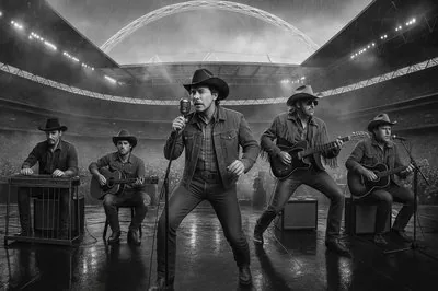 Country band in black and white, playing in an empty stadium