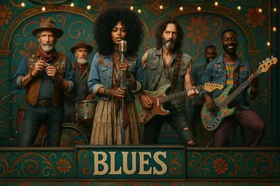 Blues band on an ornate painted stage