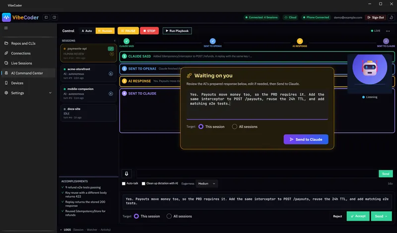 VibeCoder desktop app, AI Command Center: Autopilot has prepared a reply and waits for you to review it before it is sent to Claude