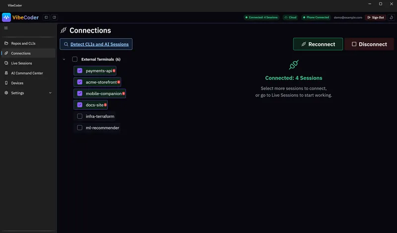 VibeCoder desktop app, Connections page listing the agent sessions detected in terminals