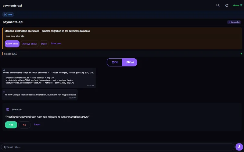 VibeCoder web app: a session waiting for approval to run a database migration, with Allow once, Always allow and Deny buttons